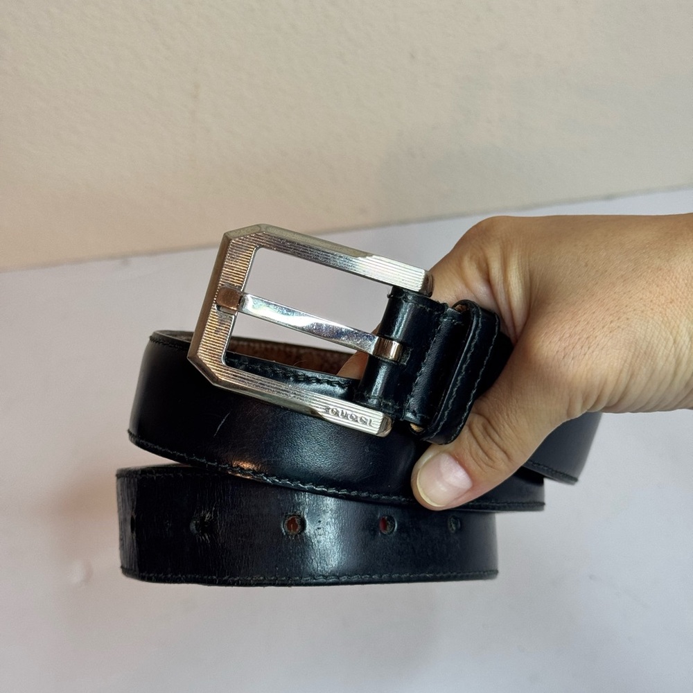 GUCCI Buckle Vintage Monogram Logo Inner Black Leather Belt